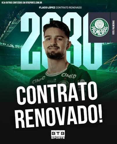 POR MAIS 4 ANOS! 🚨 O Palmeiras anunciou a renova&ccedil;&atilde;o de contrato com Flaco L&oacute;pez at&eacute; 2030. O jogador receber&aacute; uma valoriza&ccedil;&atilde;o salarial e seguir&aacute; com uma multa rescis&oacute;ria na casa dos