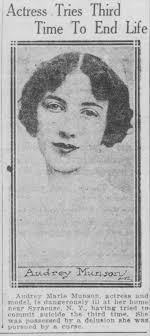 Audrey Munson suicide attempt written about in the El Paso, TX Herald, June  22, 1922.