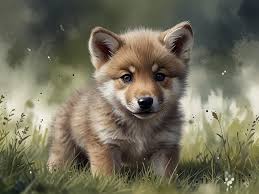 Watercolor illustration of adorable baby wolf pup