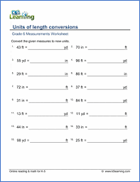 To convert 5 feet to inches, multiply 5 by 12. Grade 6 Measurement Worksheets Convert Lengths Inches Feet Yards K5 Learning
