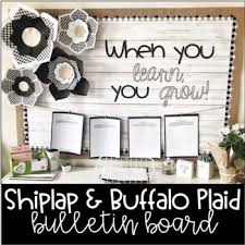 Black And White Buffalo Plaid Classroom Decor Farmhouse Shiplap Buffalo Plaid Bulletin Display With Paper Flowers Decor Flower Bulletin Boards Bulletin Board Decor Classroom Decorations