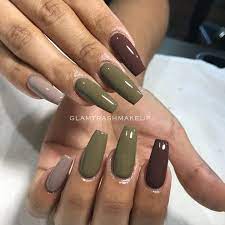 Olive Gray Brown Acrylic Coffin Square Nails Olive Nails Brown Acrylic Nails Green Acrylic Nails