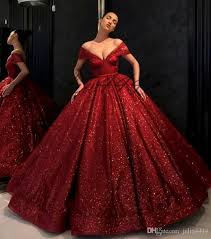 2018 Dark Red Elegant Glitter Ball Gown Quinceanera Dress Open Back Lace Up Off Shoulder Prom Dresses Graceful Evening Gow Ball Gowns Gowns Fashion Dress Party