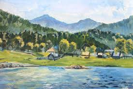 Summer Scene Of Landscapes With River And Village, This Is Oil Painting  Stock Photo, Picture And Royalty Free Image. Image 78274717.