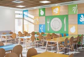 Outstanding School Cafeterias Wood On Walls And Paintings Of Trees Plants Fruits And Plates Blue Green A Interior Design School Canteen Design School Interior