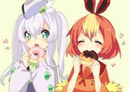 Anime Picture Search Engine Blonde Hair Closed Eyes Doughnut Eating Flareon Goodra Green Eyes Hat Lavender Hair Merlusa Multicolo Anime Anime Images Pokemon