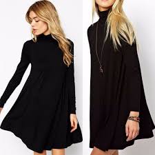 Turtleneck Swing Dress Long Sleeve Casual Ladies Dress Or Tunic Solid Black S L Short Dresses Casual Long Sleeve Swing Dress Turtleneck Dresses Long