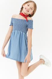 Lovely Girls Chambray Smocked Off The Shoulder Dress Kids Cute Girl Outfits Kids Summer Fashion Girl Outfits