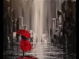 Beginner Easy Black And Red Paintings A Walk In The Rain Step By Step Acrylic Painting On Canvas For Beginners Rain Painting Acrylic Painting Canvas Beginner Painting