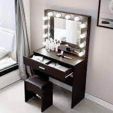 Airexpect makeup mirror vanity mirror with lights. Amazon Com Us Fast Shipment Elegant Makeup Table Vanity Set With Lighted Mirror 12 Cool Led Bulbs Makeup Vanity Dressing Table Dresser Desk With Large Drawer For Bedroom Furniture Black Kitchen Dining