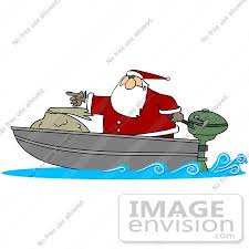 36578 Clip Art Graphic Of Santa Claus In A Motor Boat Out For Delivering Toys By Djart Santa Clip Art Art