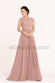 Nostalgia Rose Color Modest Bridesmaid Dresses Cap Sleeves In 2020 Modest Bridesmaid Dresses Cap Dress Bridesmaid Dresses
