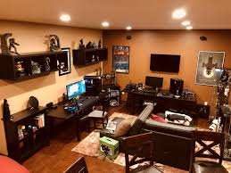 Twin Battlestations The Left Is My Setup And My Brothers Is On The Right The Rest Of It Is Everything We Have Accumulated Over Battlestation Setup Home Decor