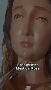 Priest Anointing the faithful with the Holy olive oil that comes out from  the eyes of the image of the Mystical Rose of the blessed Virgin Mary. , I  do not know where is this at the priest speaks ...