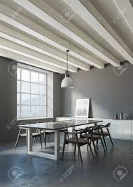 Related interior design galleries you may like: Corner Of Modern Dining Room With Gray Walls Concrete Floor Dark Wooden Table With Chairs And Picture With City On Wooden Cabinet 3d Rendering Stock Photo Picture And Royalty Free Image Image