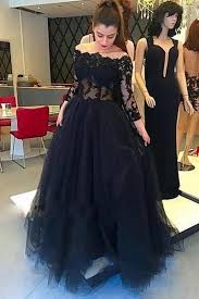 Charming Long Sleeve Off The Shoulder Black Lace Applique Long Prom Dresses Om35 Prom Dresses Long Black Prom Dresses With Sleeves Party Dresses With Sleeves