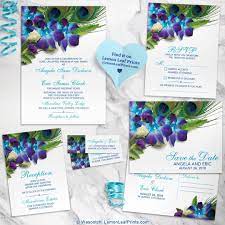 Trendy Blue Dendrobium Orchid And Peacock Feather Bouquet Wedding Invitation S Feather Wedding Invitation Purple Wedding Invitations Orchid Wedding Invitations