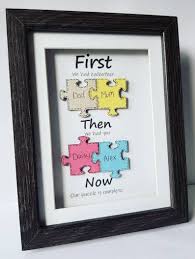 Make a picture frame — hot glue popsicle sticks together into the shape of a frame and cover it in puzzle pieces. Jigsaw Puzzle Our Complete Family Family Gift New Home Gift Gift For Mom Personalised Puzzle New Baby Gift Wooden Name Puzzle Puzzle Crafts Scrabble Letter Crafts Diy Birthday Gifts For Dad
