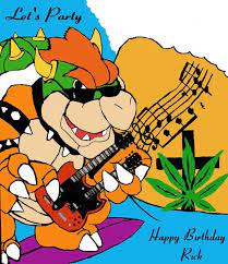 A tattoo of bowser wearing shades and playing a double neck guitar while riding a surfboard in front of a giant weed leaf on a crucifix with 'happy birthday rick'. Wkuk Tattoo Sketch Mario Characters Tattoo Sketches Character