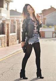 Leather Jacket Tee Shirt And Jean Shorts With Tights And Bootie Heels Outfits With Leggings Fashion Shorts With Tights