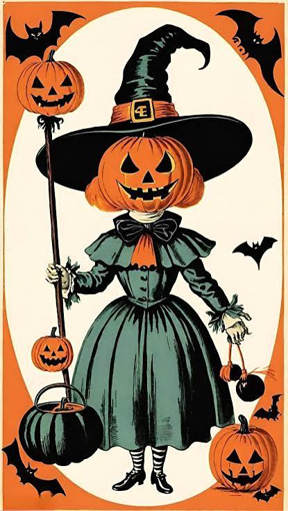 Pumpkin Witch 🧹 Vintage Halloween Wallpaper Digital Art Design