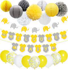 Gender neutral baby shower decorations. Amazon Com Joymemo Yellow Grey Elephant Baby Shower Decorations Neutral For Boy Or Girl Welcome Baby Banner Elephant Garland Confetti Balloons For Gender Neutral Baby Decor Toys Games