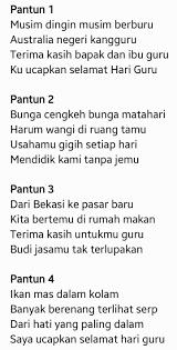Peringatan hari guru nasional 2020 merupakan kesempatan murid untuk menunjukkan rasa terima kasih kepada guru yang. 1 Sebutin Bagian Bagian Dari Pantun Tersebut 2 Jelaskan Amanat Dari Pantun Tersebut Tolong Brainly Co Id