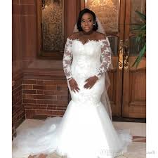 2019 African Mermaid Wedding Dresses Plus Size Long Sleeves Off Shoulder Vintage Lace Sheer Tulle Sweep Train Bride Dresses De Noiva Different Wedding