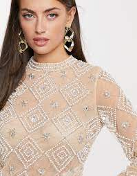 Asos Design High Neck Sheer Embellished Top With Pearl Detail Pink Modesens