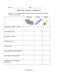 Place An X In The Appropriate To Indicate Characteristics Of Asteroid Comet And Meteor Comet Meteor Graphic Organizers