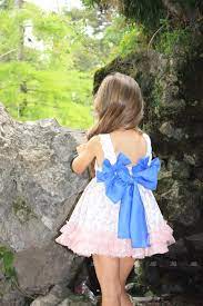 Tirantes en guipur blanco con terminación lazos azul y maxi lazada en espalda. Lappepa Moda Infantil Girls Pink Blue Bird Print Dress Missbaby