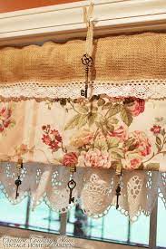 A farmhouse kitchen is synonymous with entertaining. Sewing Burlap And Lace Curtains Vintage Kitchen Curtains Shabby Chic Kitchen Curtains Farmhouse Kitchen Curtains
