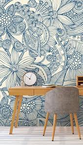 Flowers And Doodles Blue Wall Mural Wallsauce Uk Wall Murals Mural Blue Wallpapers