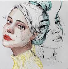 Black And White With One Color Drawing Pin By Melanie On Dibujos Watercolor Face Gemini Art Face Illustration