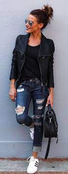 Fall Outfits Black Leather Jacket Ripped Skinny Jeans Fashion Clothes Women Classy Fall Outfits Fashion