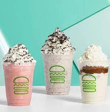 The Shake Shack Milkshakes In Red Velvet Chocolate Chip Mint And Cookies Cream Food Yummy Food Fast Food Items