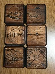 Did Some Wood Burning On Coasters For Family Mountains For The Parents In Canada Oceans For The Sister In San Di Wood Burning Crafts Wood Burning Art Wood Diy