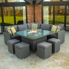 Fire pit furniture perfect for winter sunshine and cool summer evenings you can dine intimately or like royalty with family and friends on our unique range of gas operated fire pit dining sets. Bracken Outdoors Dakota Square Corner Gas Fire Pit Garden Furniture Set Garden Trends