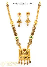 22k Gold Antique Long Necklace Drop Earrings Set With Fancy Stones 235 Gs3101 In 86 500 Grams In 2020 Gold Necklace Shop Gold Necklace Set Antique Necklace