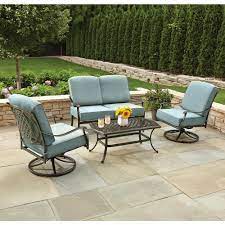 Hampton Bay Belcourt 4 Piece Metal Patio Conversation Set With Spa Cushions D11334 4pc The Home Depot Patio Furniture Conversation Sets Patio Furniture Pillows Sectional Patio Furniture