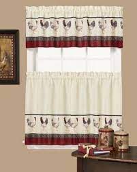 Cafe Francais Country Rooster Kitchen Valance And Tier Curtains Hanging On Curtain Rods Curtains French Country Kitchens Valance