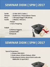 Kementerian pendidikan malaysia telah menetapkan tarikh pembukaan persekolahan bagi sekolah kerajaan dan sekolah bantuan kerajaan lebih lewat kerana ianya berdasarkan takwim penggal dan cuti persekolahan tahun 2021. Seminar Didik Spm 2017