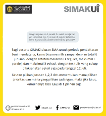 Jadi, kalau kamu tertarik bisa ikut seleksi mandiri ui melalui seleksi masuk ui ().namun, sebelumnya kamu harus tahu prediksi peluang di simak ui dan apa saja program studinya. Uzivatel Simak Ui Na Twitteru Pendaftaran Simak Ui S1 Reguler Paralel D3 2 Juni 1 Juli 2020 Ujian 12 Juli Via Laman Https T Co U8bizeolns Total Pilihan Jurusan Max 6 Maksimal 3 Reguler 3