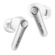White wireless earbuds with charging case