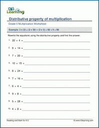 The distributive property will allow multiplying a sum value by multiplying each addend separately. Distributive Property Of Multiplication Worksheets K5 Learning