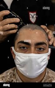 U.S. Marine Corps recruit Justin Saenz, a recruit with Charlie Company, 1st  Recruit Training Battalion, receives a weekly haircut at Marine Corps  Recruit Depot (MCRD) San Diego, Feb. 13, 2023. Recruits receive