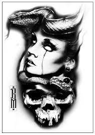 Black And Grey Tattoo Design Skull Snake Face Medusa Scarry Face Women Black And Grey Design Face Tattoos For Women Dark Tattoo Black And Grey Tattoos