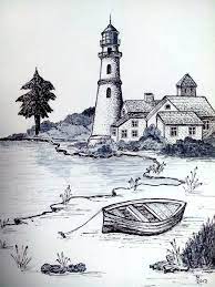 Sea Coast Landscape Pencil Drawings Lighthouse Drawing Landscape Drawings
