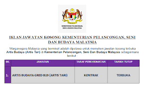 Sekiranya anda, seorang warganegara malaysia yang cukup syarat kelayakan dan berumur tidak kurang daripada 18 tahun pada tarikh tutup iklan jawatan adalah. Jawatan Kosong Terbuka Kementerian Pelancongan Seni Dan Budaya Malaysia