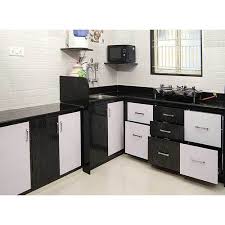 Modern kitchen furniture white and black countertop with double sinks and cabinet item no. Black White L Shape Pvc Modular Kitchen Rs 550 Square Feet National Furniture And Interior Id 19475073197